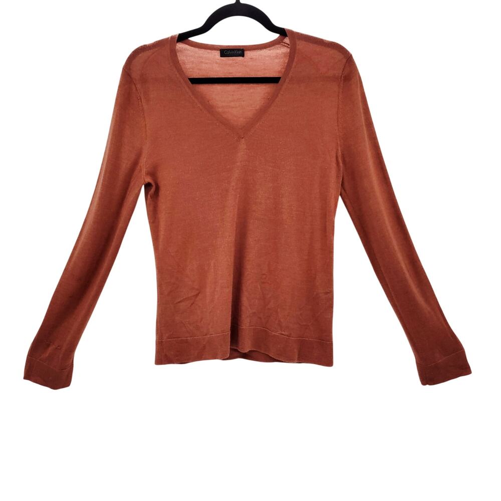 Calvin Klein Collection Roshall Orange Silk & Cashmere V-Neck Sweater Women's M